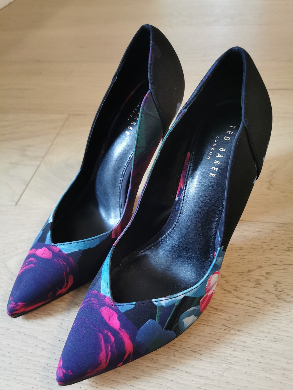 Ted Baker Black Floral Pointed Toe Heels with Pink & Teal Accents